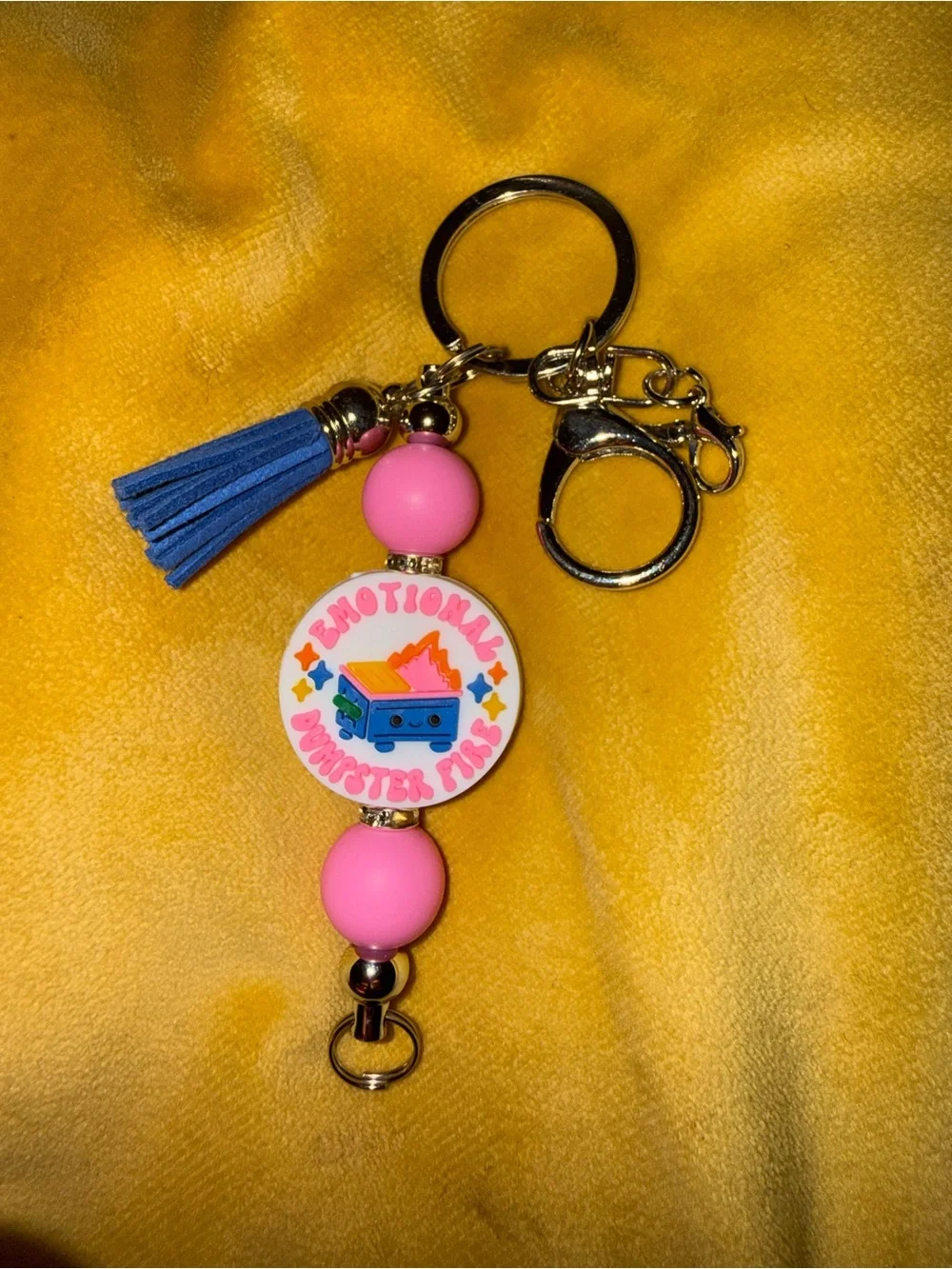 Pink 'Emotional Dumpster Fire' Keychain with Blue Tassel